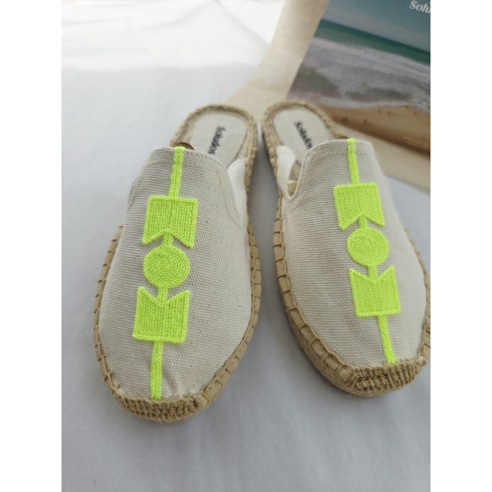 New! Soludos The Smoking Mule Espadrille Womens 7/7.5 Cream Neon Yellow Slip On - Picture 3 of 5